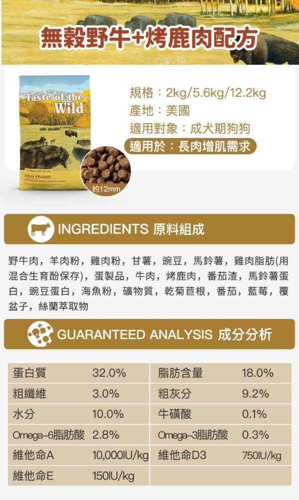 美國進口 – Taste of the Wild - 無穀物野牛+烤鹿肉配方（成犬糧）