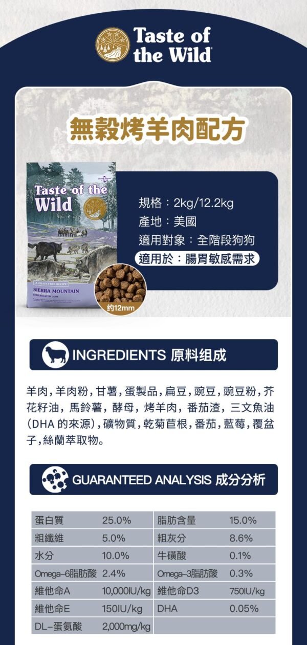 美國進口 – Taste of the Wild - 無穀物烤羊肉配方（全犬糧）