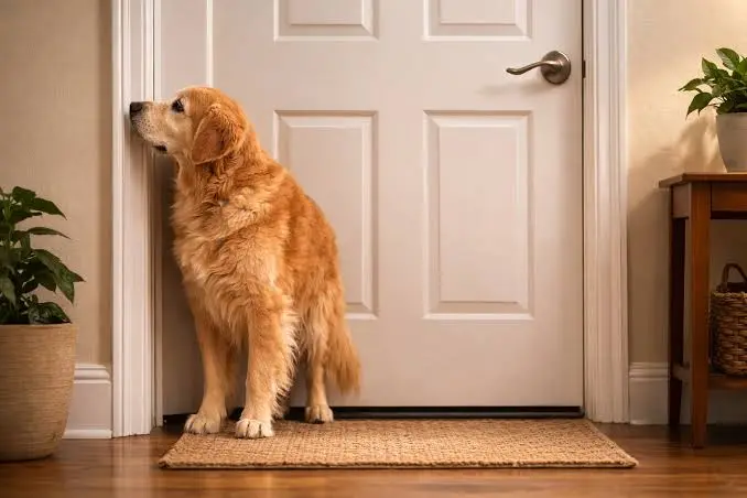 老年犬站在熟悉的客廳通道，主人在旁陪伴